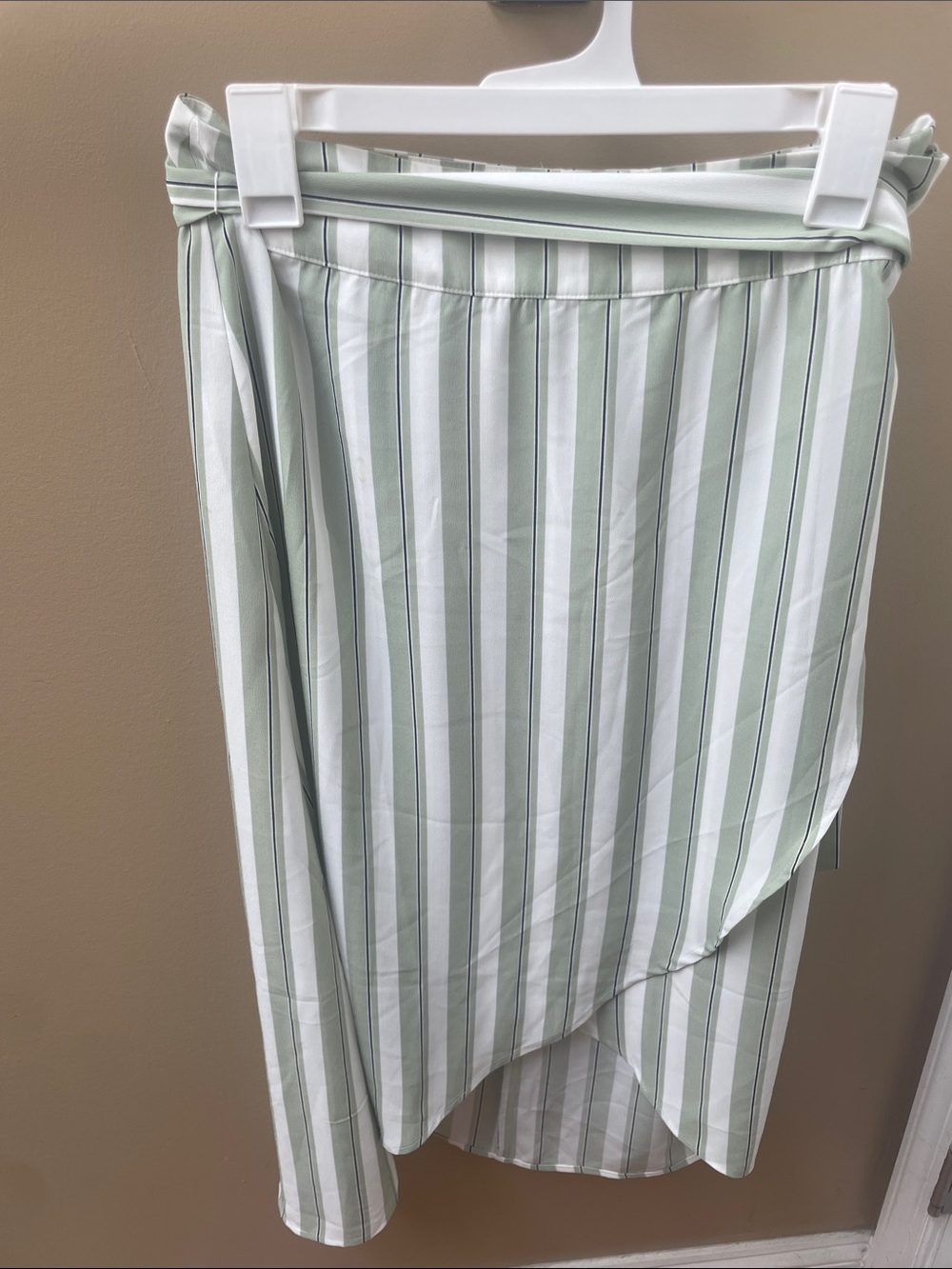 LOFT Sage Green and White Striped Wrap High-Low Skirt